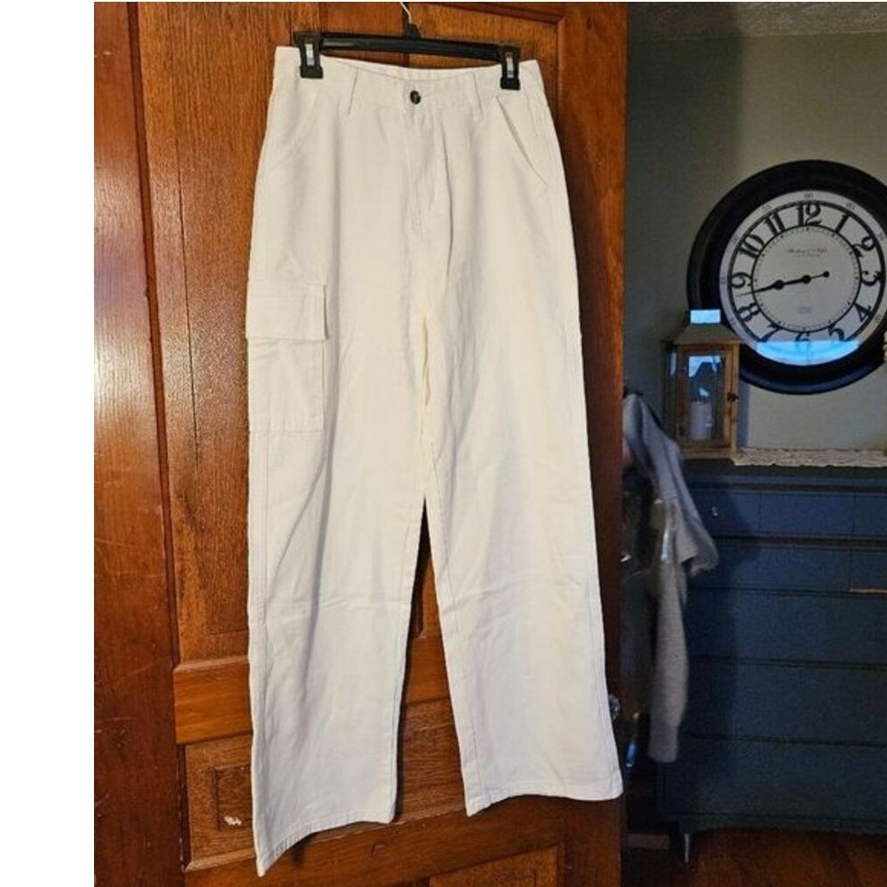 Unbranded Cargo Pants Womens 26 White Wide Leg High Rise Utility Denim New